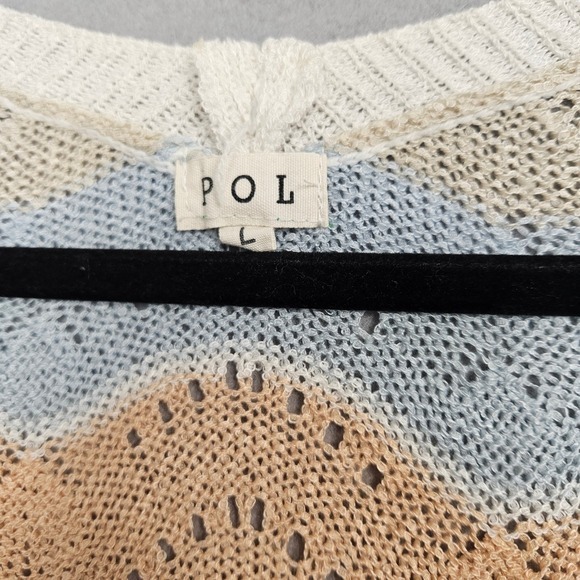 POL Chevron Knit Open Front Cardigan Sweater Beige Peach Blue Size L - Picture 2 of 6